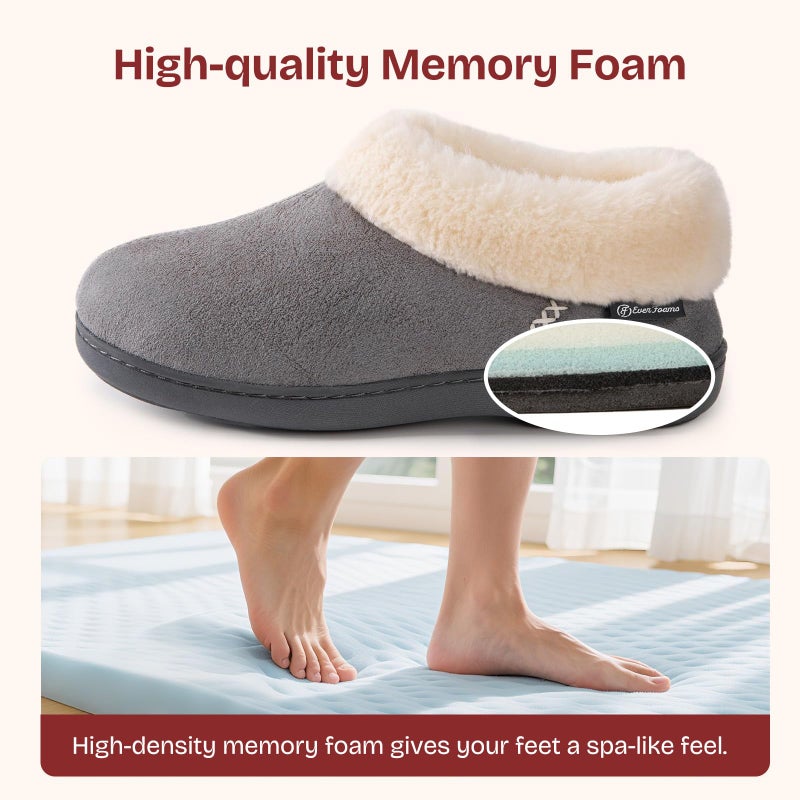 EverFoams Women's Microsuede Cozy Memory Foam Winter Slippers with Fuzzy Faux Fur Collar and Indoor Outdoor Rubber Sole (Gray, Size 5-6 M US) - Image 4